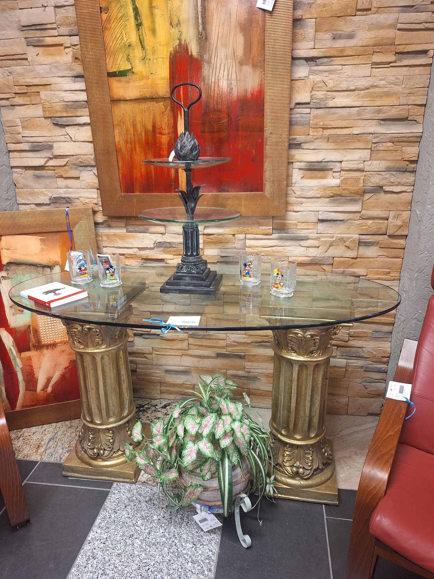 Glass Topped Oval Table w Column Legs