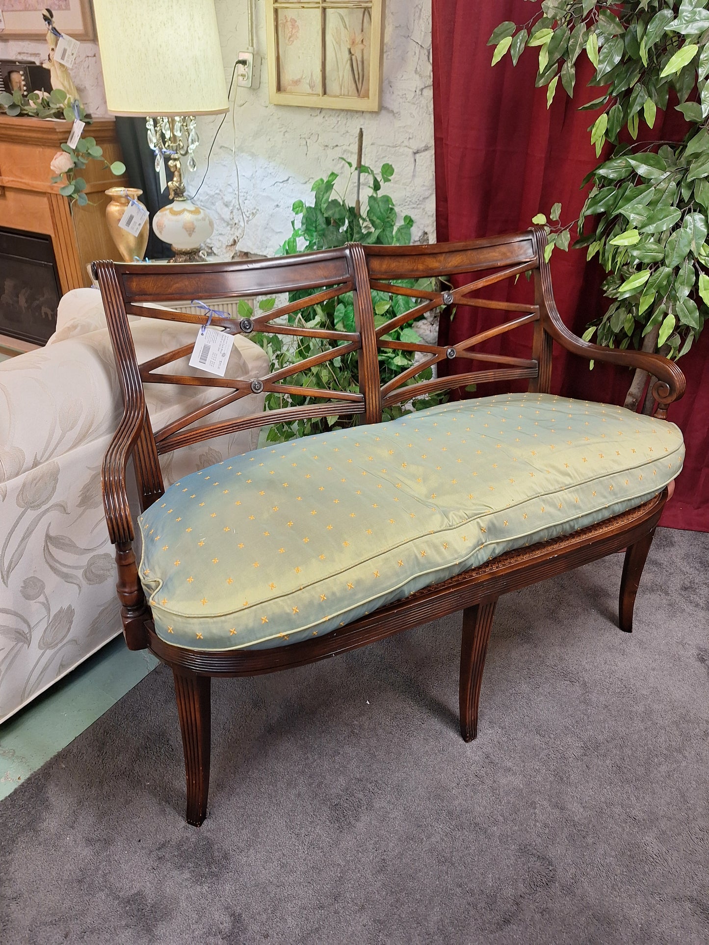 Antique Dark Wood Bench w Silk Seat