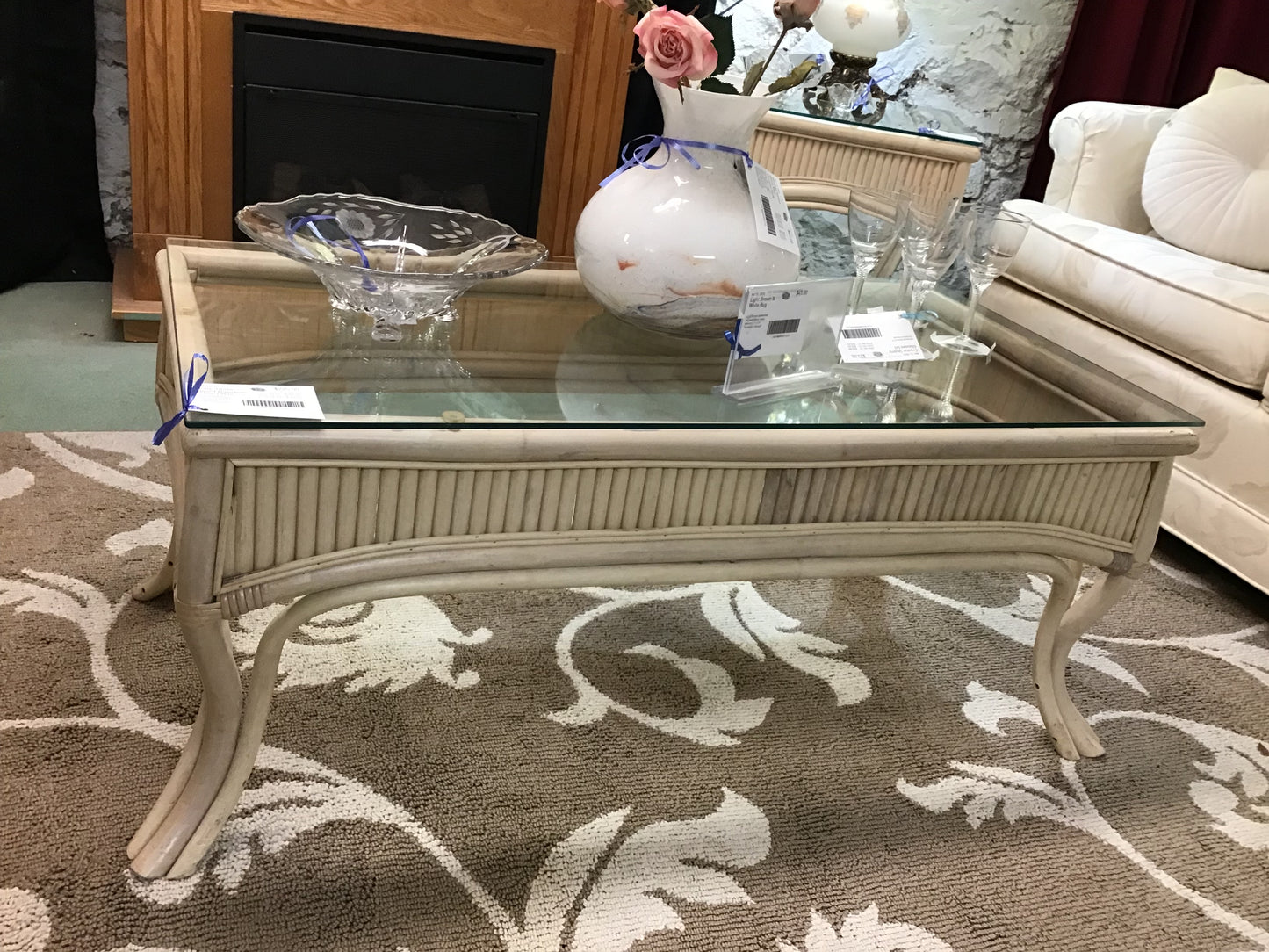 Cream Glass Topped Bamboo Coffee Table