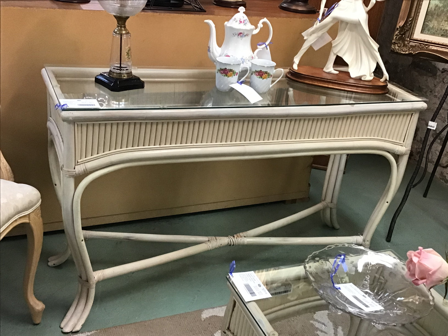 Cream Glass Topped Bamboo Side Table