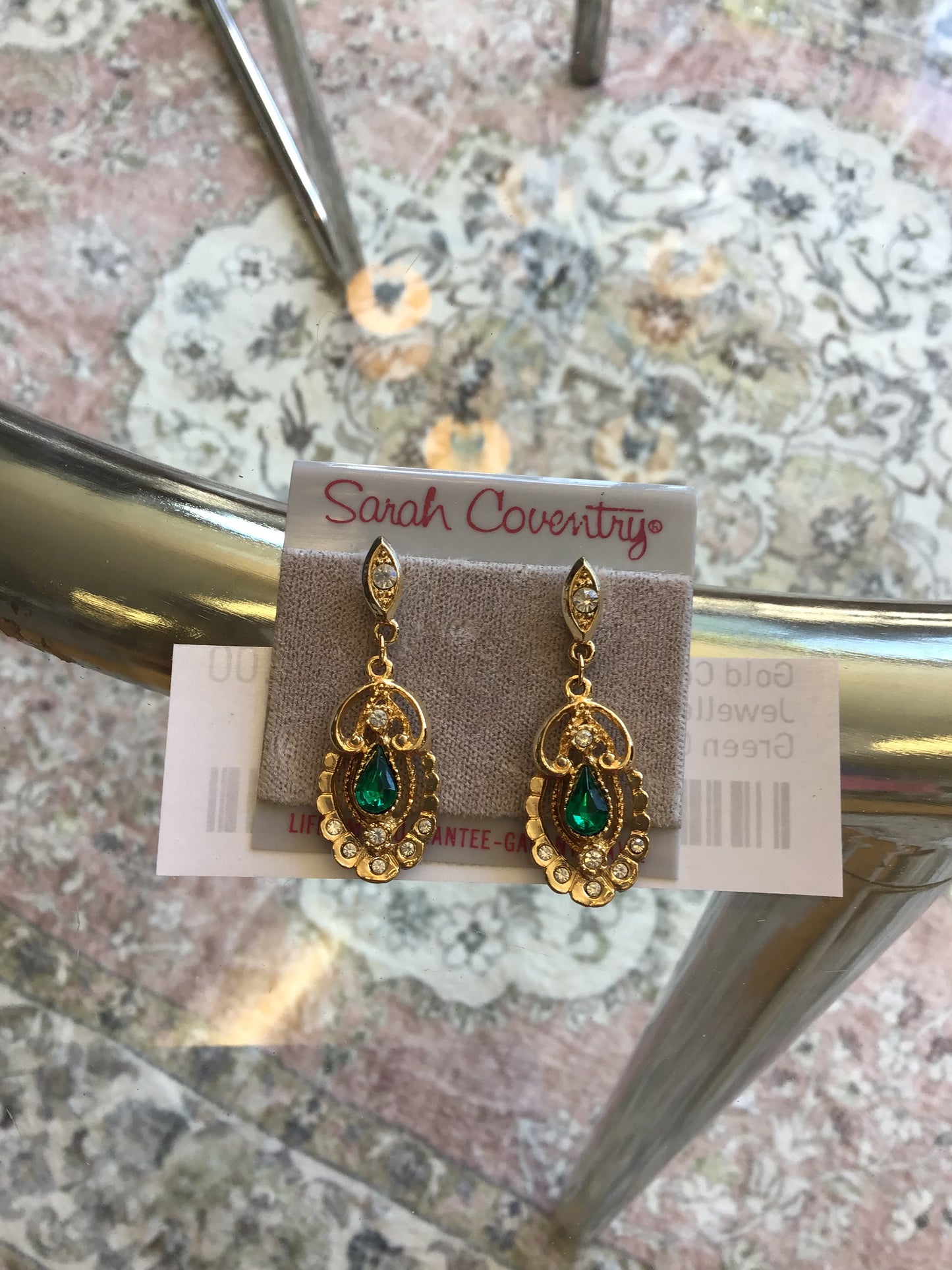 Gold Costume Jewellery Earrings w Green Gems