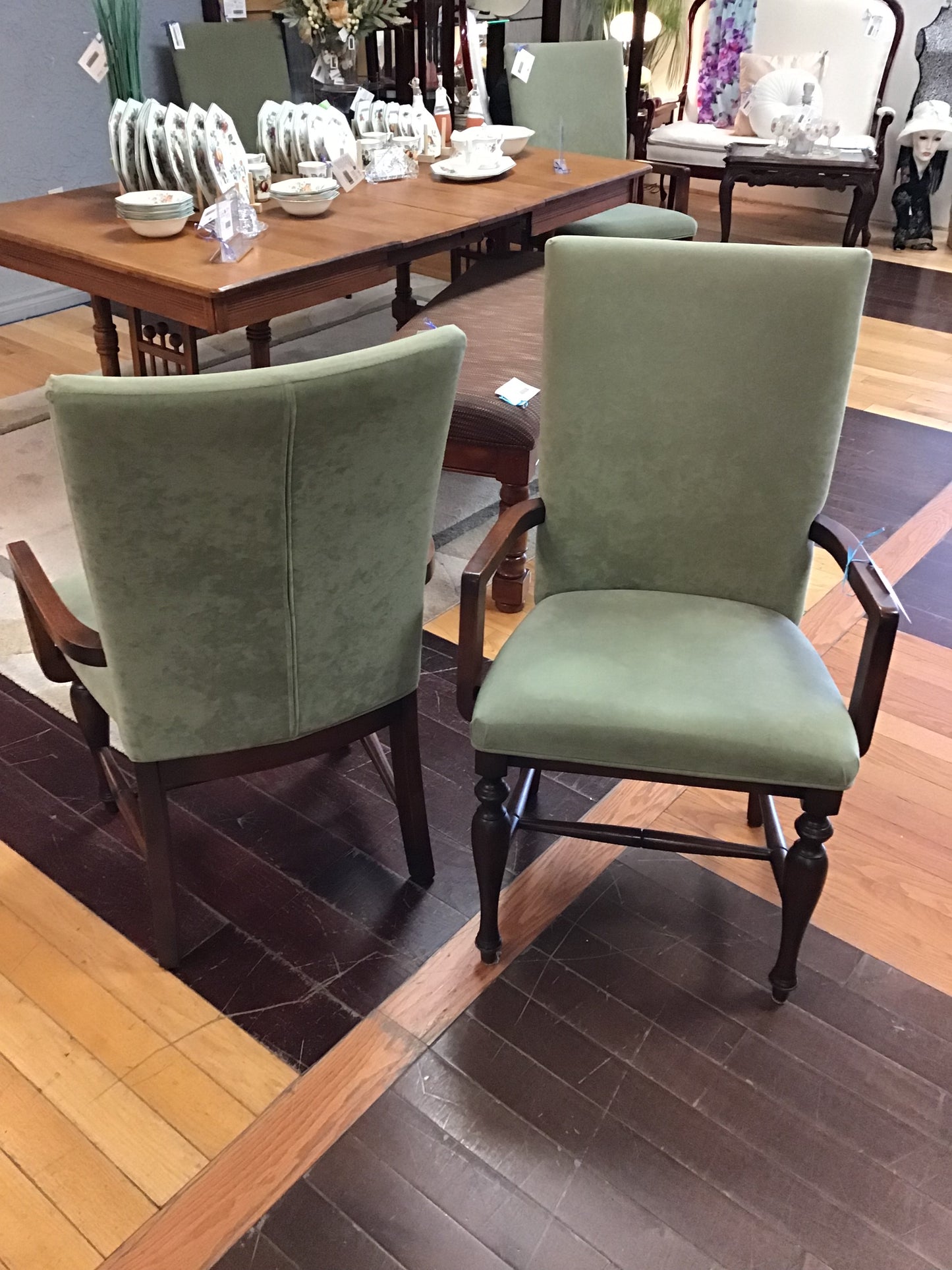 Pair Sage Green Upholstered Dining Chairs