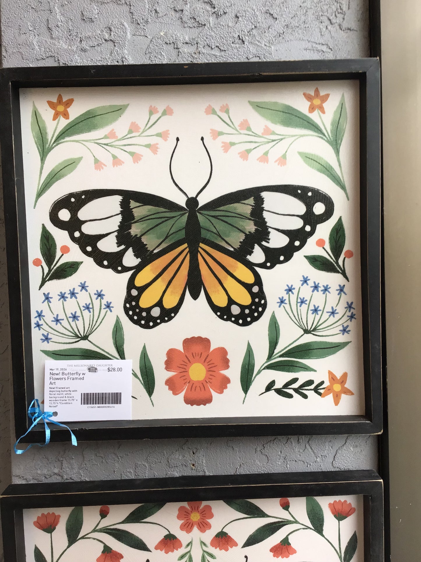 New! Butterfly w Flowers Framed Art