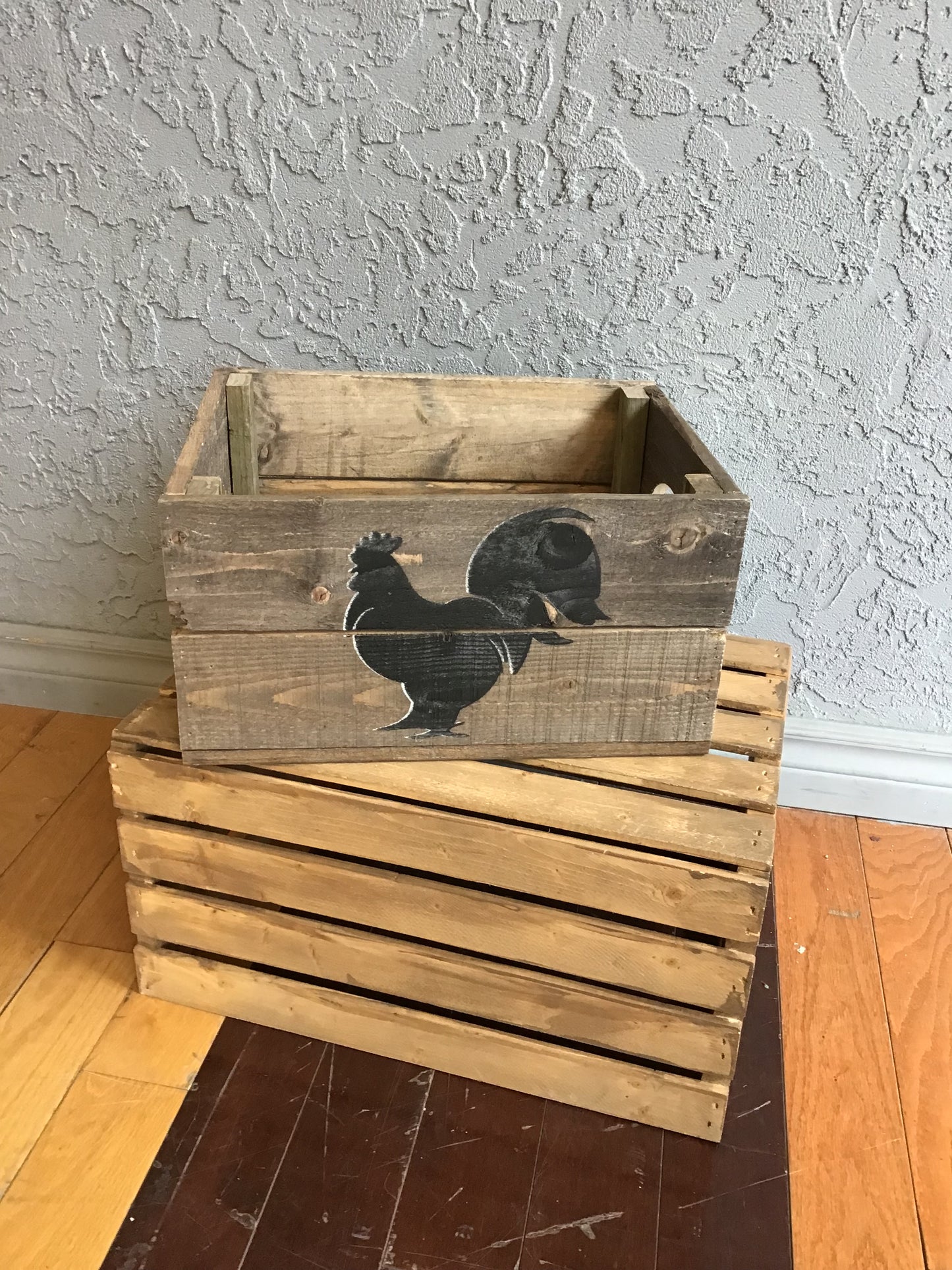 New! Natural Wood Crate- Chicken Motif