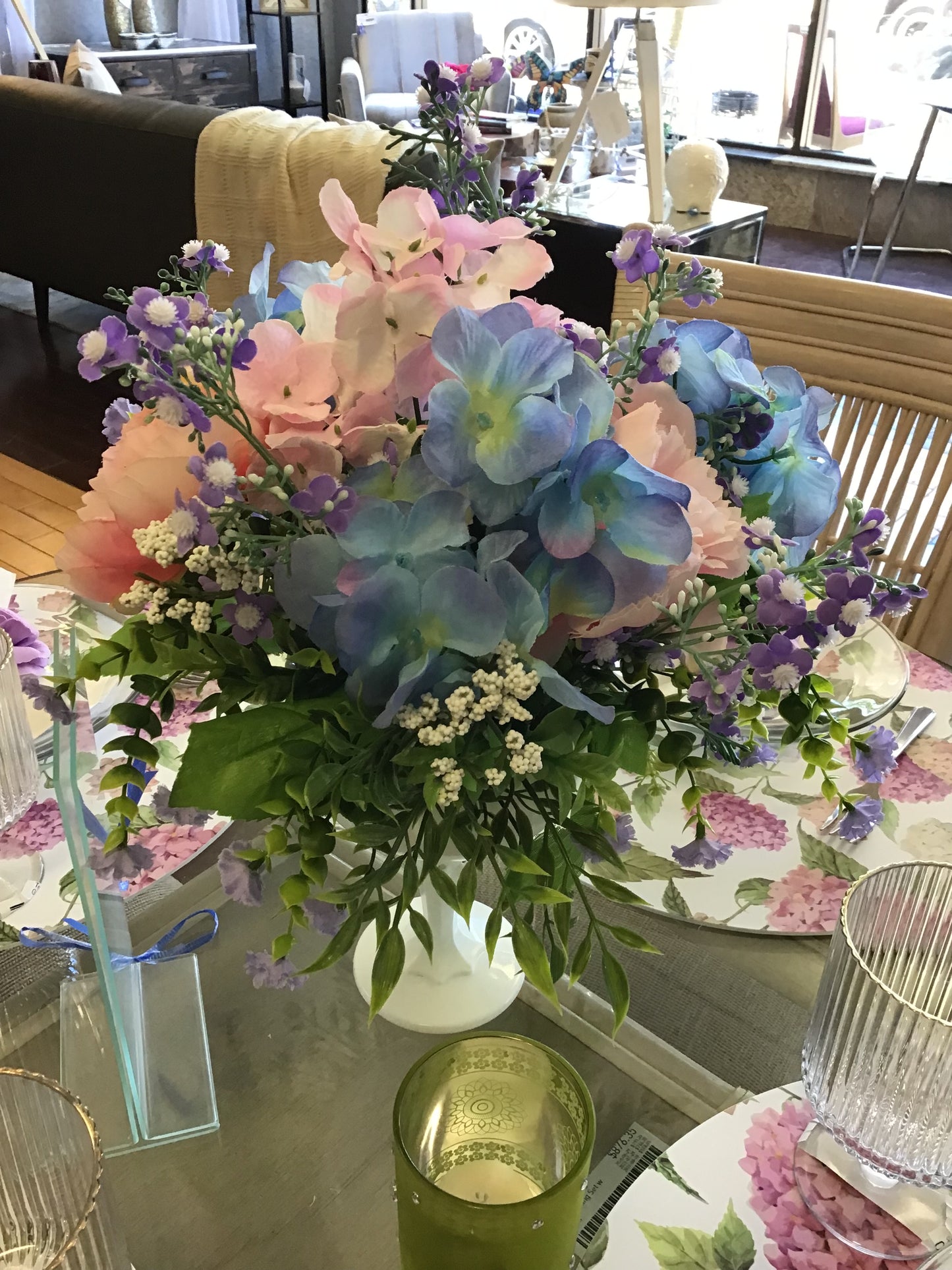 White Glass Planter w Faux Flowers
