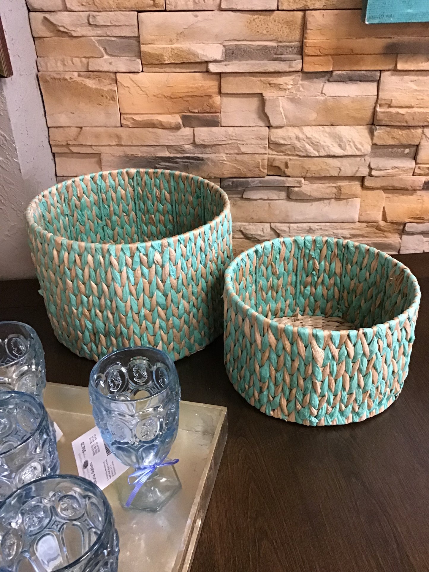 Pair Blue Woven Wicker Basket