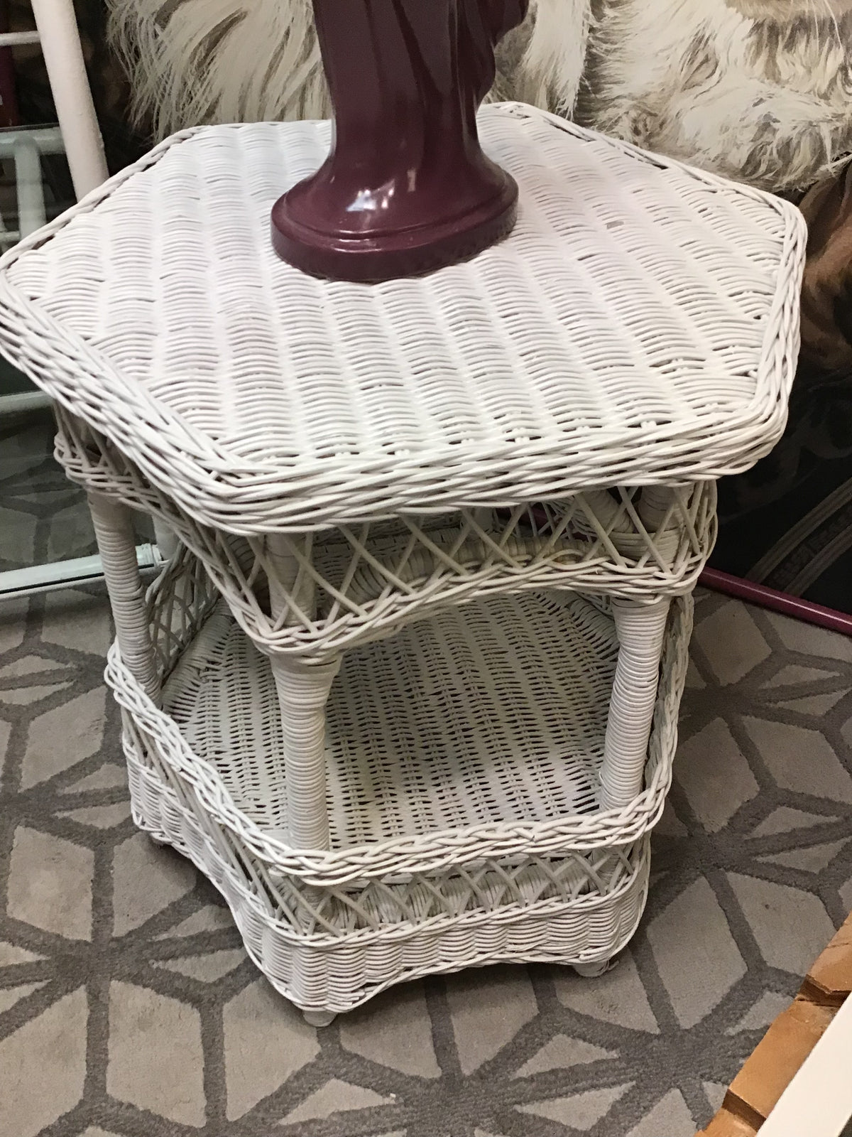 White Wicker Hexagonal Shaped Side Table
