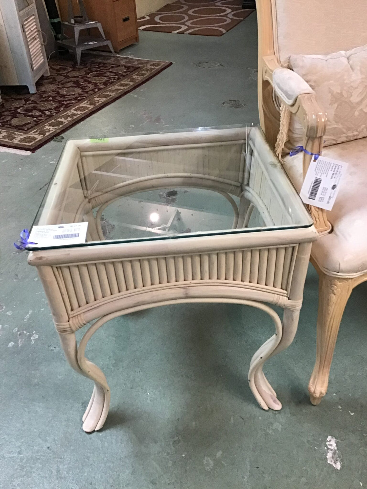 Cream Glass Topped Bamboo Side Table