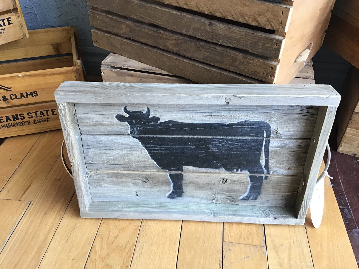 Rustic Wooden Tray w Handles- Cow