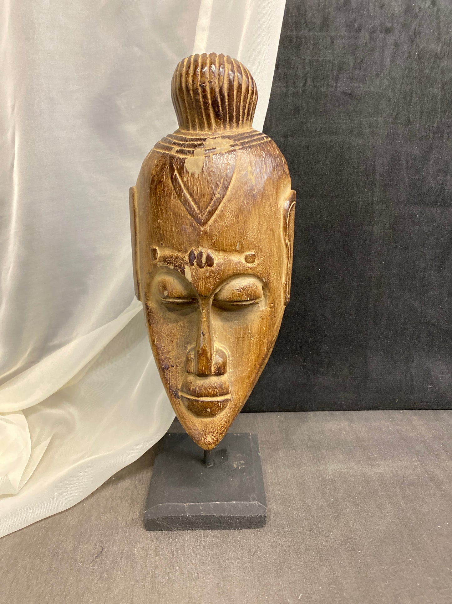 Carved Wood Mask On Stand - Brown