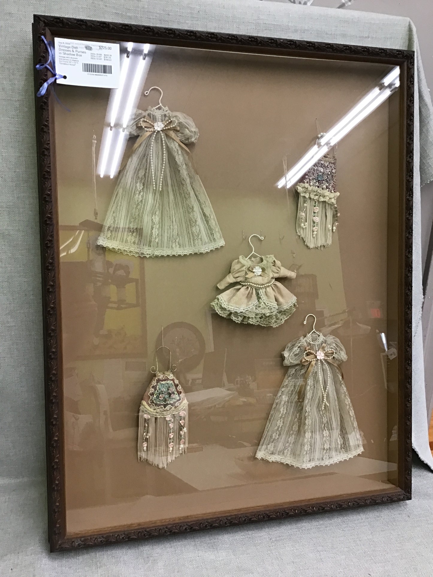 Vintage Doll Dresses & Purses in Shadow Box
