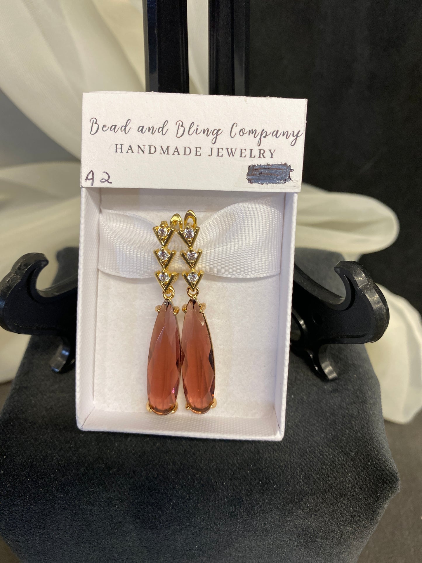 NEW! Handmade Pierced Earings - Long Burg. Teardrop