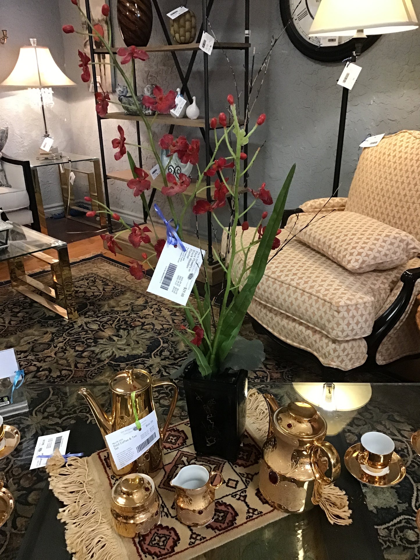 Faux Flowers in Black Wooden Planter
