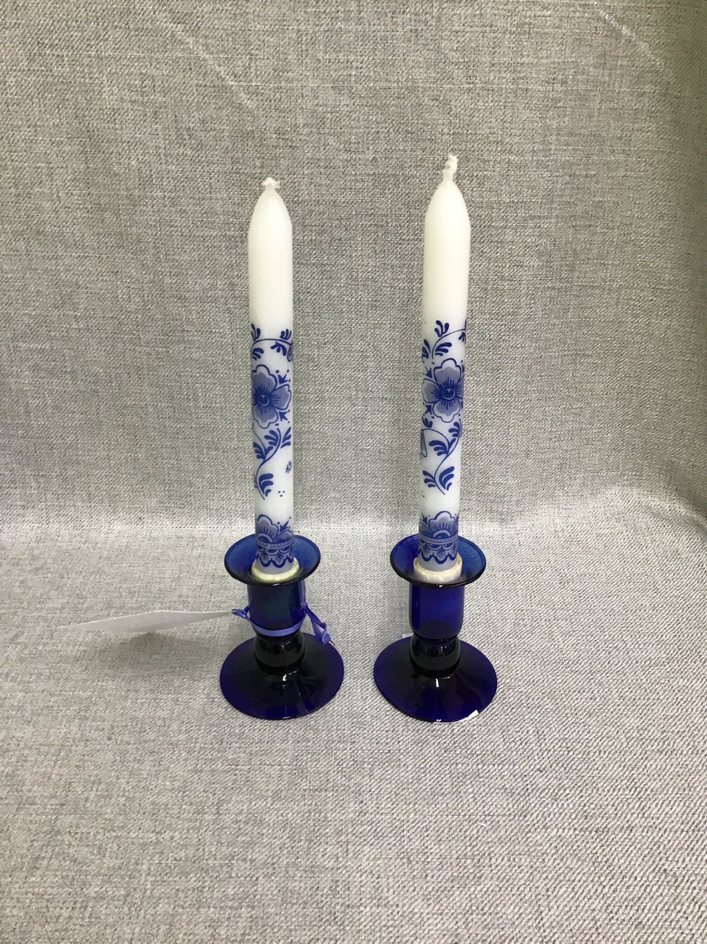 Blue Glass Candlestick Holders w Candles