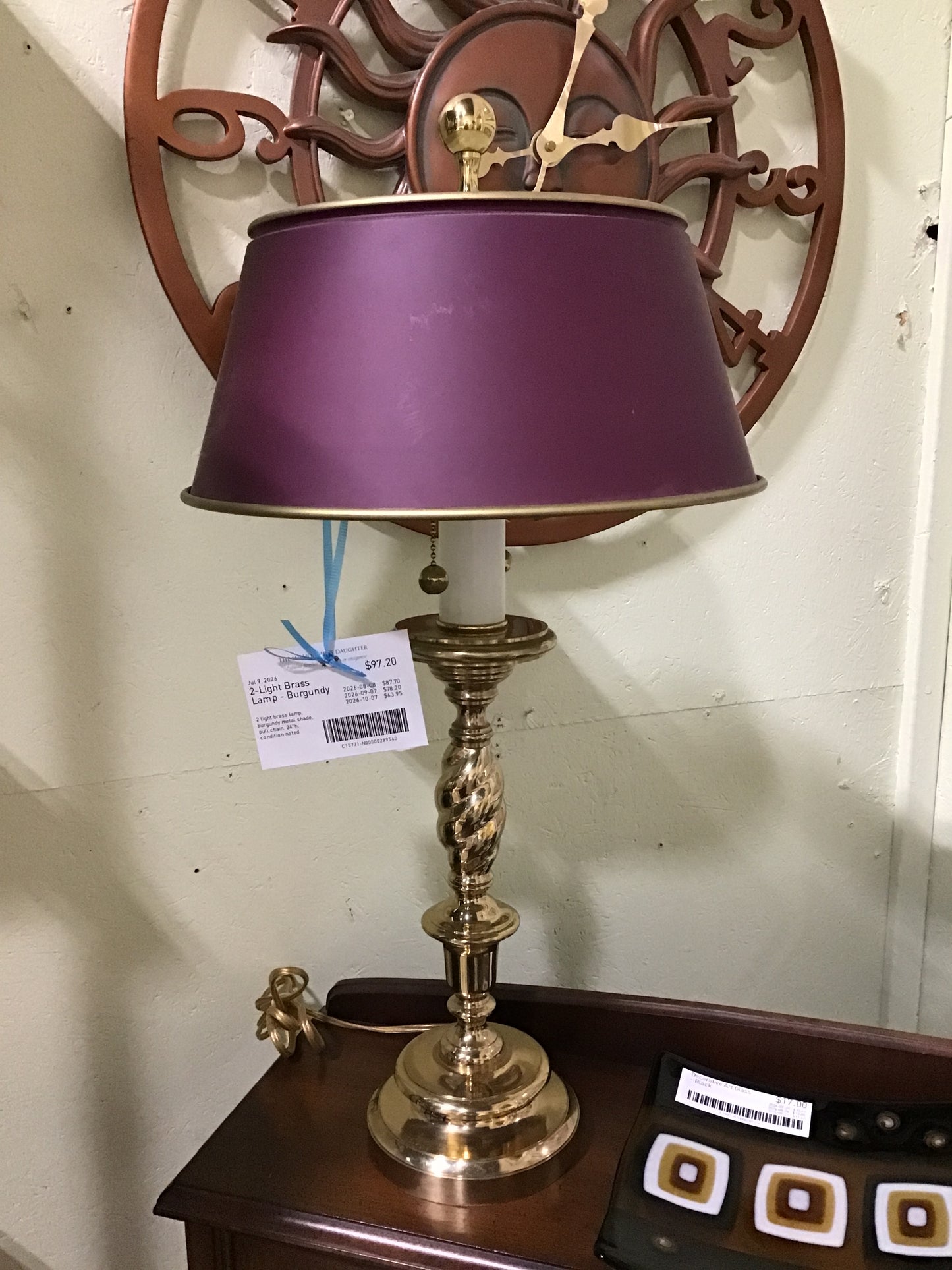 2-Light Brass Lamp - Burgundy