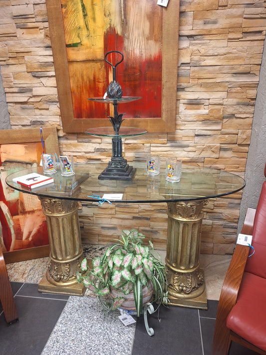 Glass Topped Oval Table w Column Legs