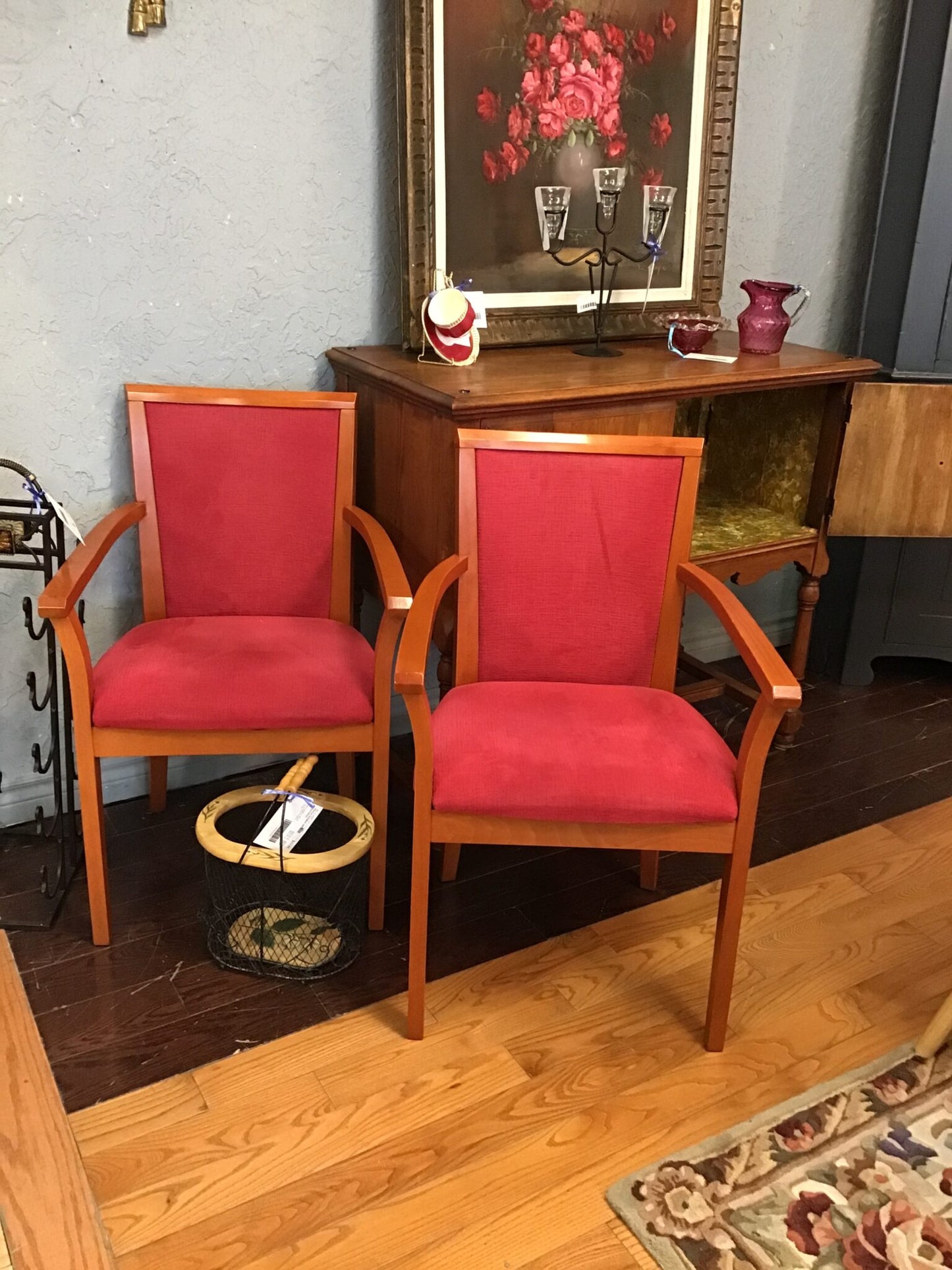 Pair Upholstered Dining Chairs w Arms