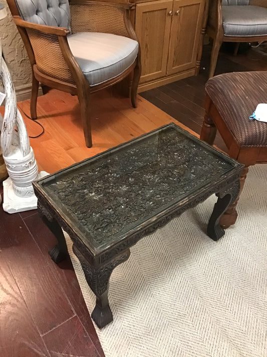 Unique! Carved Dark Wood Table w Glass Top