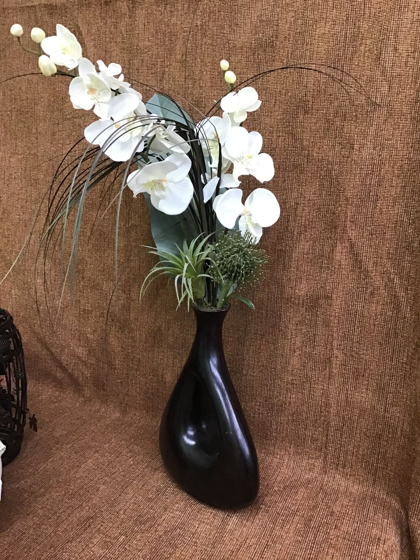 Unique Black Vase w Faux Orchids