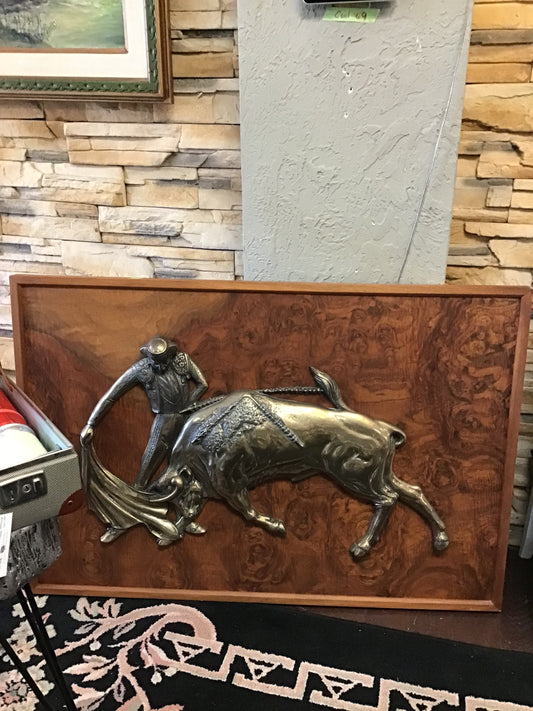 Vintage Brass & Wood Bull w Matador Artwork