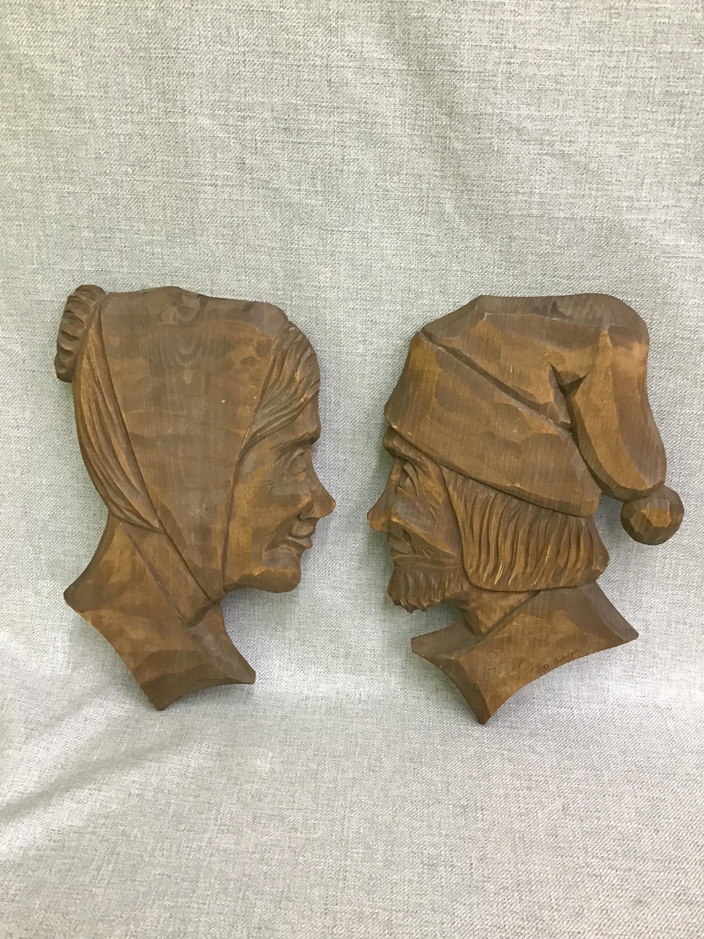 Pair Madame Olivier Belanger Carved Wood Art