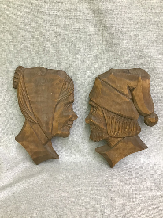 Pair Madame Olivier Belanger Carved Wood Art