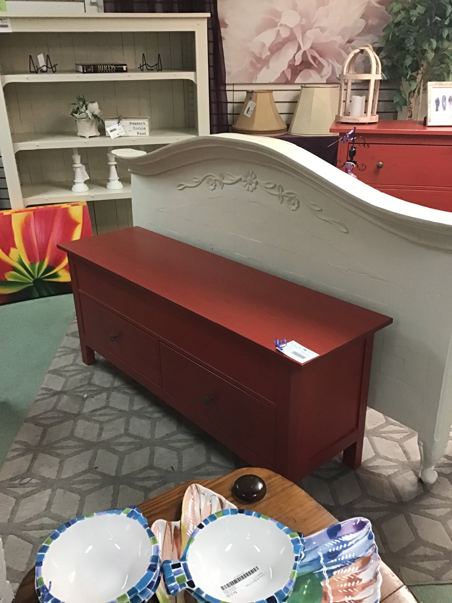 Red Painted Wood Storage Bench