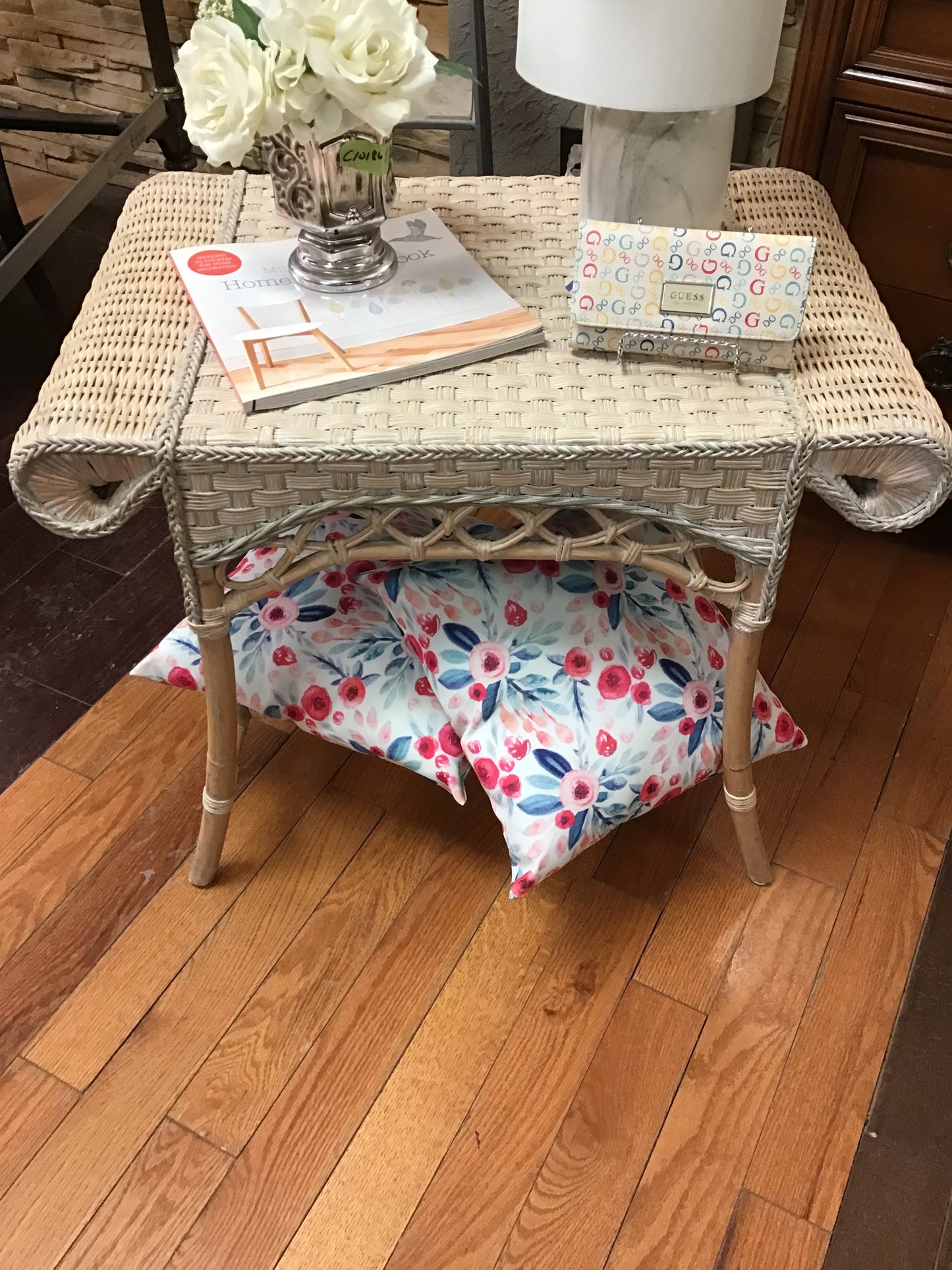 Painted Distressed Wicker Side Table
