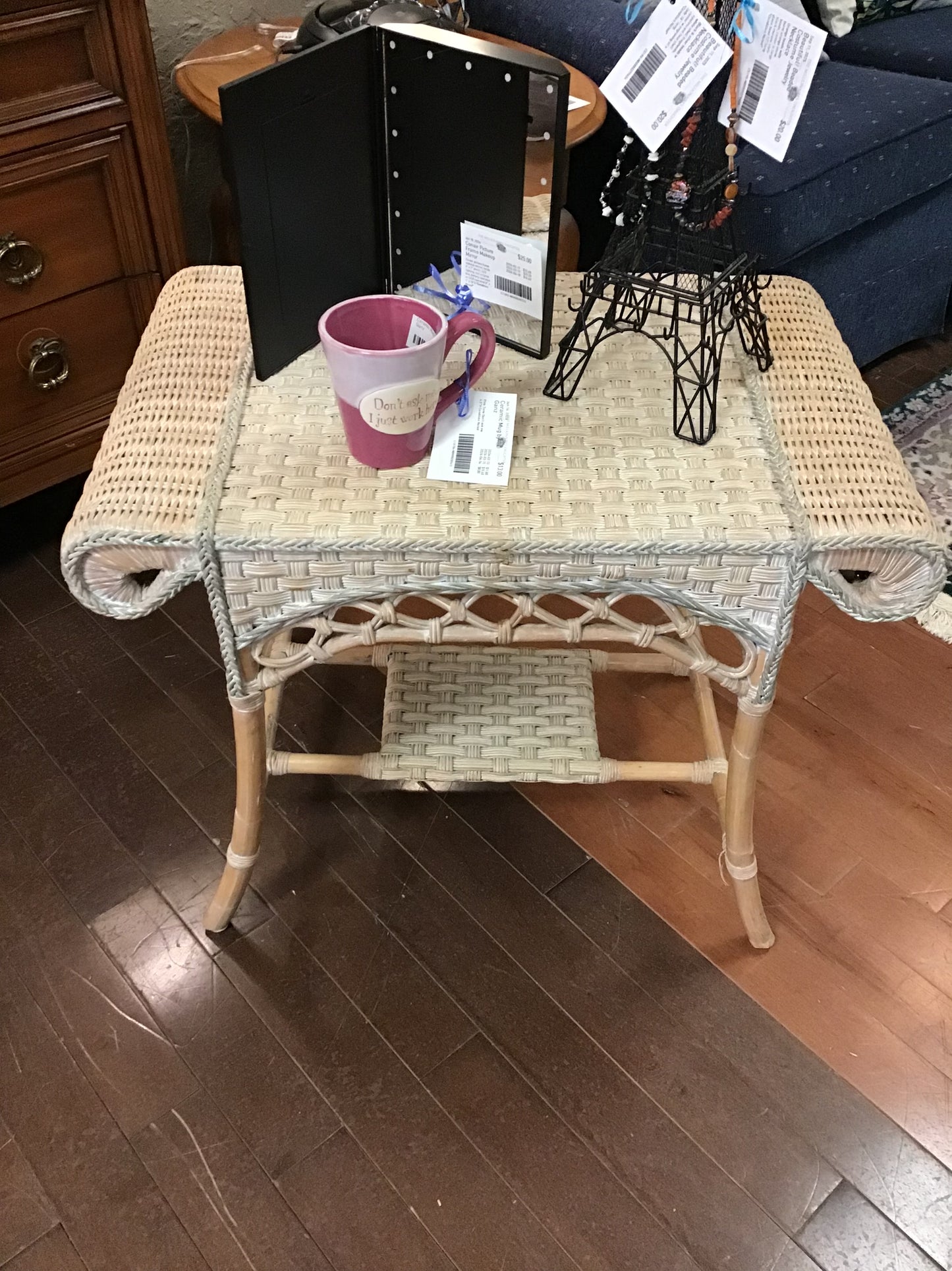 Painted Distressed Wicker Side Table