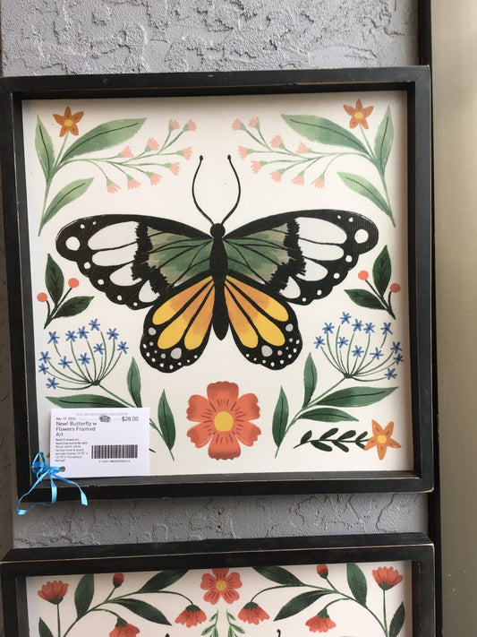 New! Butterfly w Flowers Framed Art