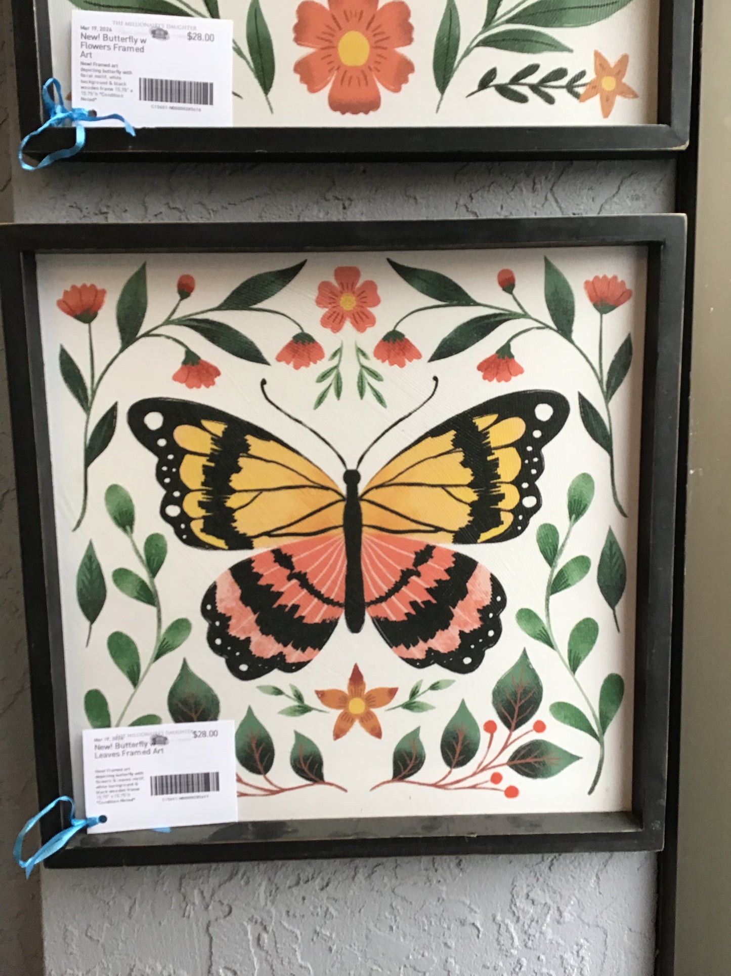 New! Butterfly w Leaves Framed Art