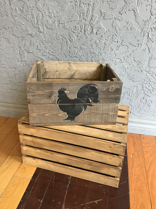 New! Natural Wood Crate- Chicken Motif