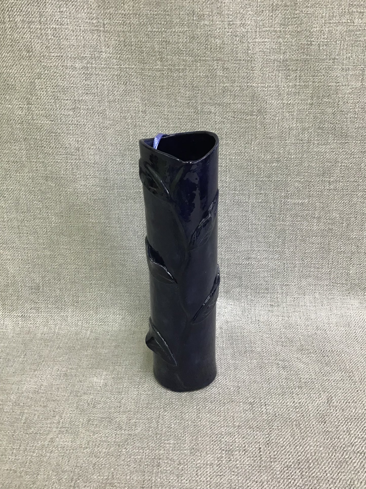 Decorative Blue Vase w Leaf Motif- 9.75"h