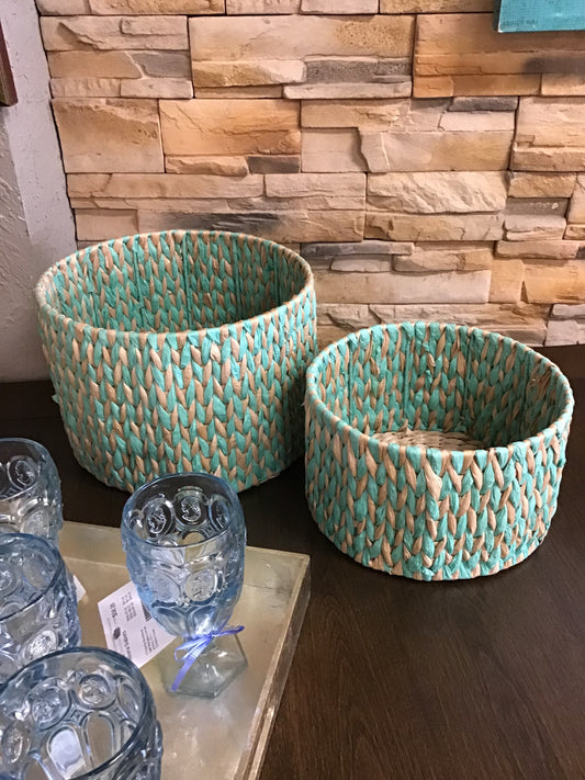 Pair Blue Woven Wicker Basket