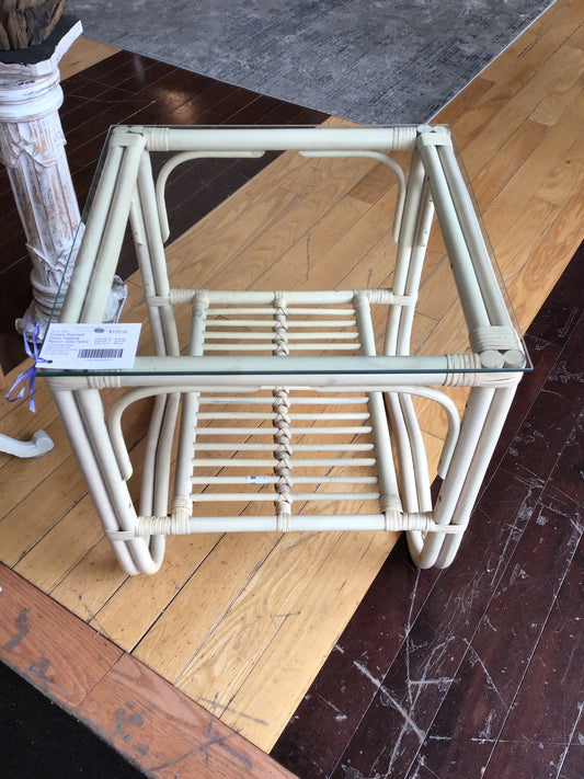 Cream Painted Glass Topped Rattan Side Table