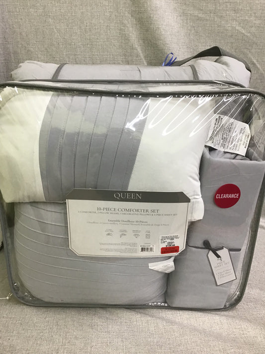 Queen 10 Pc Comforter Set (Grey)
