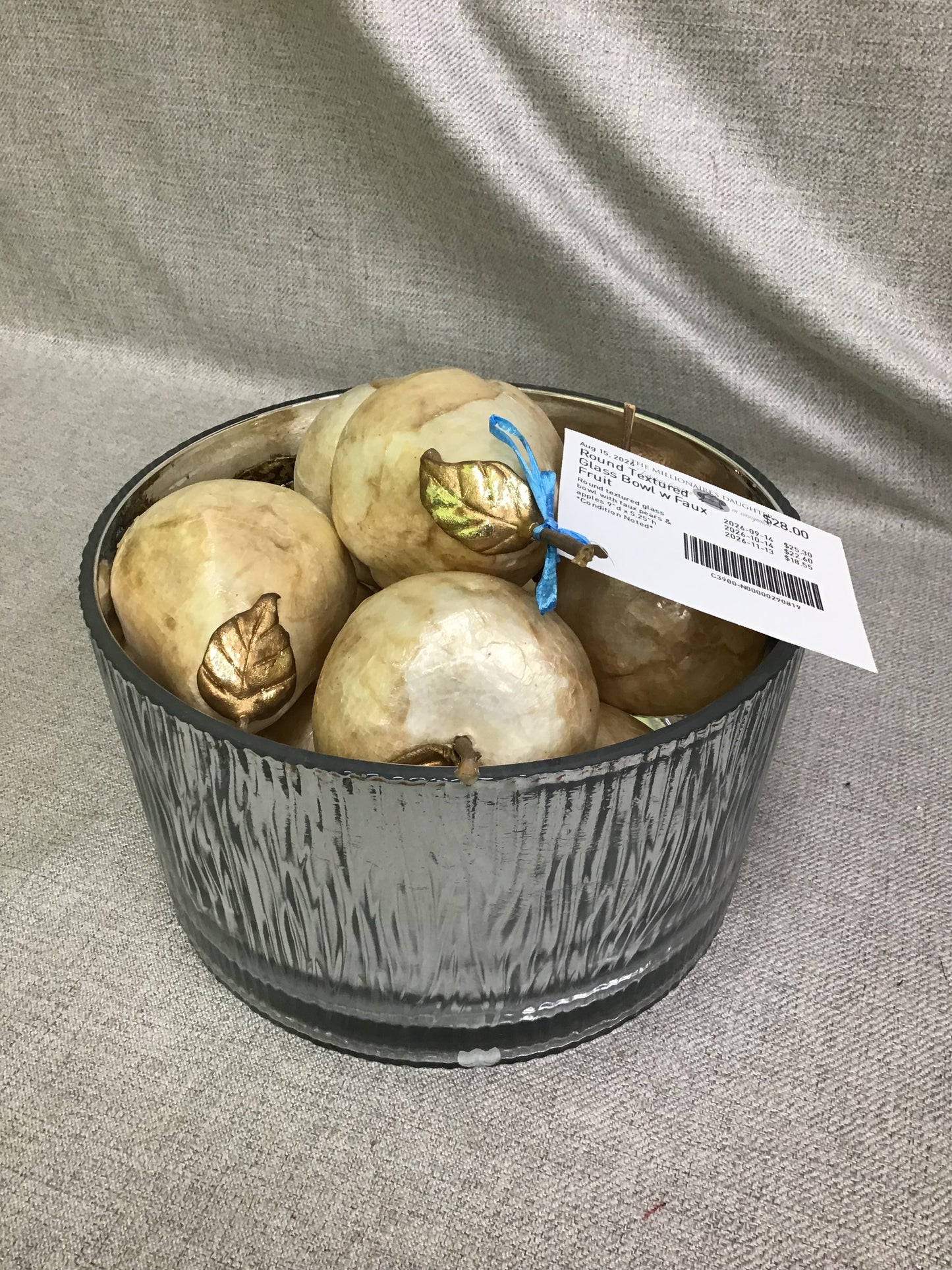 Round Textured Glass Bowl w Faux Fruit