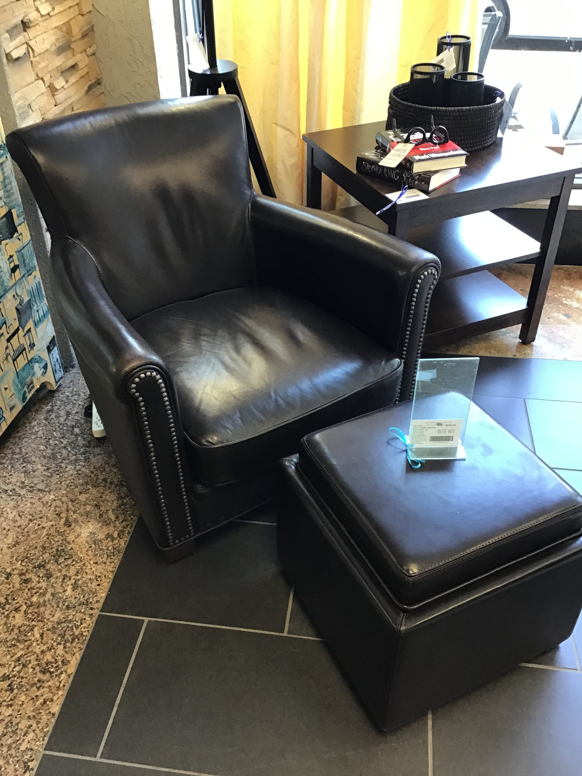 Faux Dark Leather Armchair w Ottoman