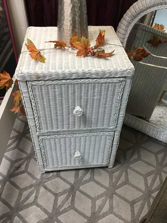 Distressed White Wicker Side Table