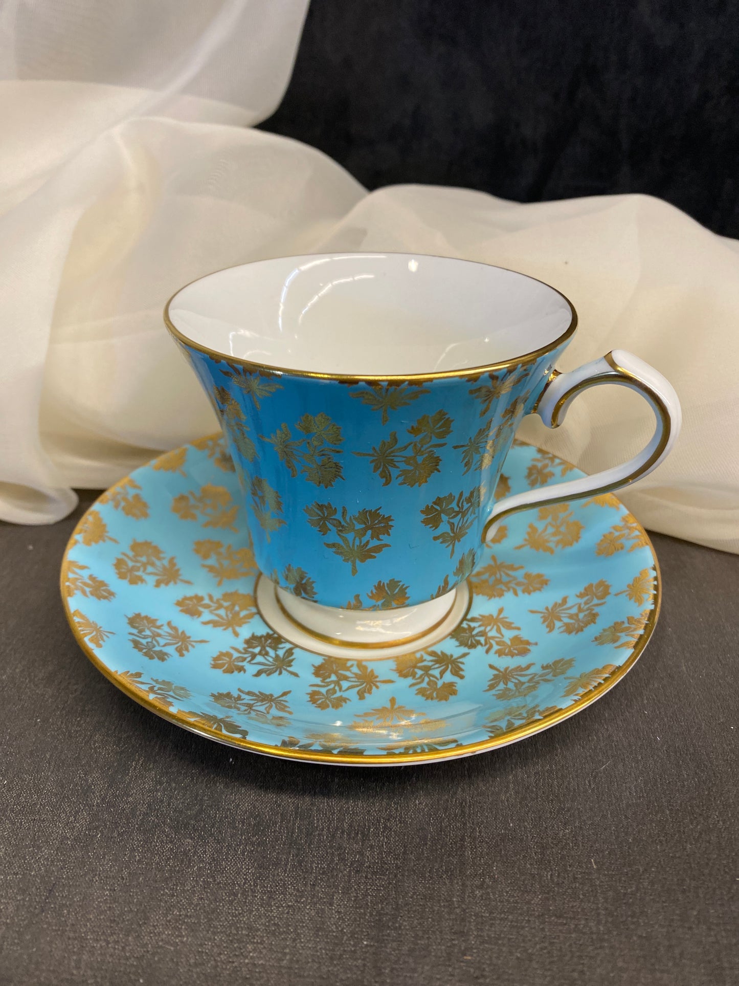 Aynsley Tea Cup & Saucer -Aqua/Gold