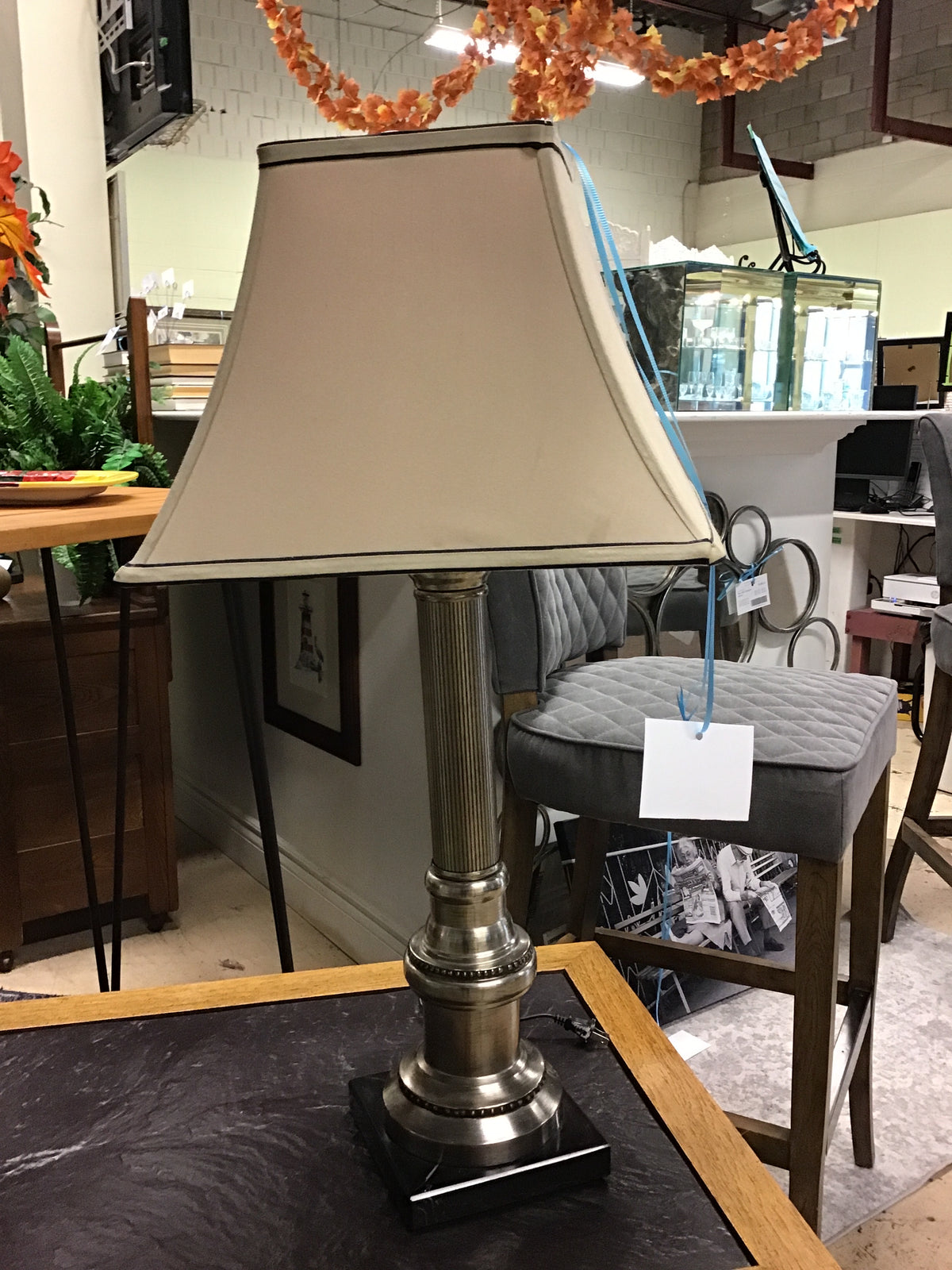 Table Lamp - Silver Tone Metal Column