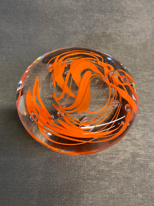 Rd Glass Paperweight - Orange Swirls