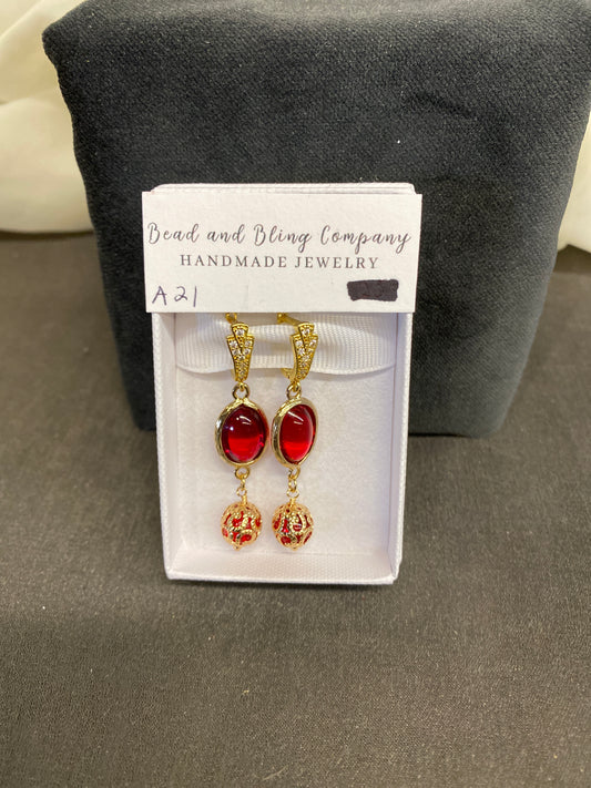 NEW! Handmade Pierced Earings - Red Oval/Bead