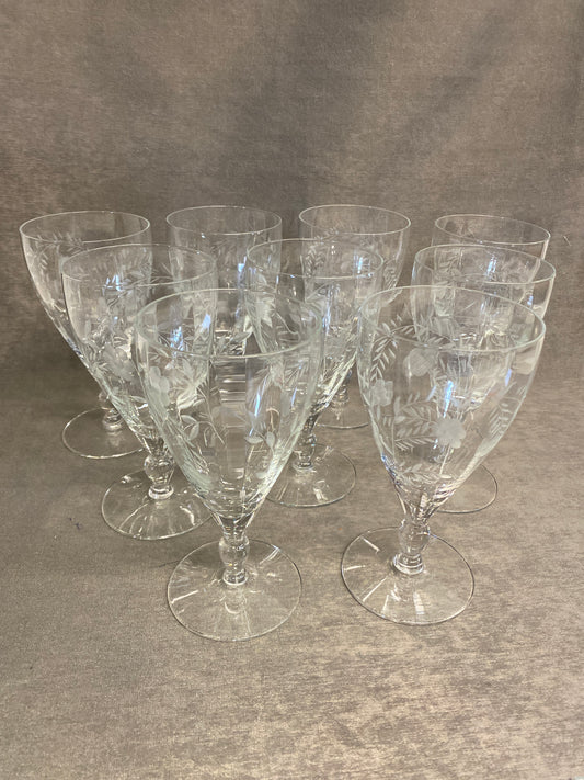Set 9 Etched Glass Goblets