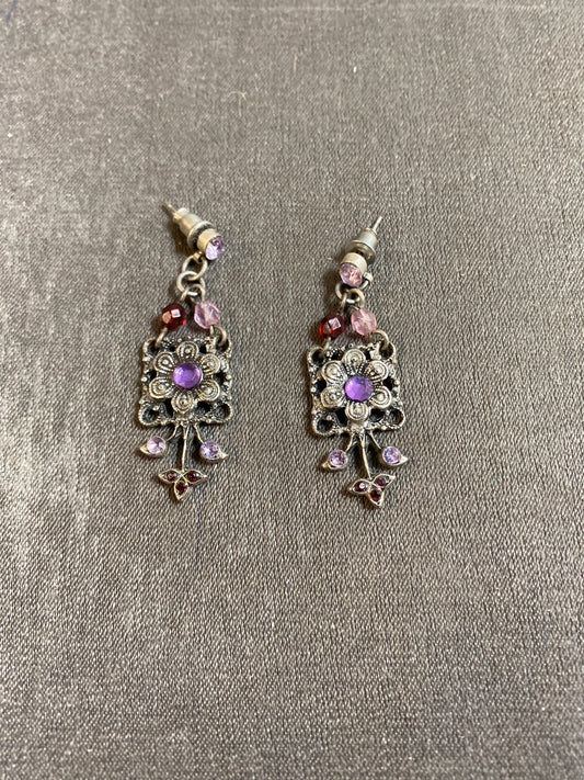 Pair Pierced Earrings - Purple Crystals
