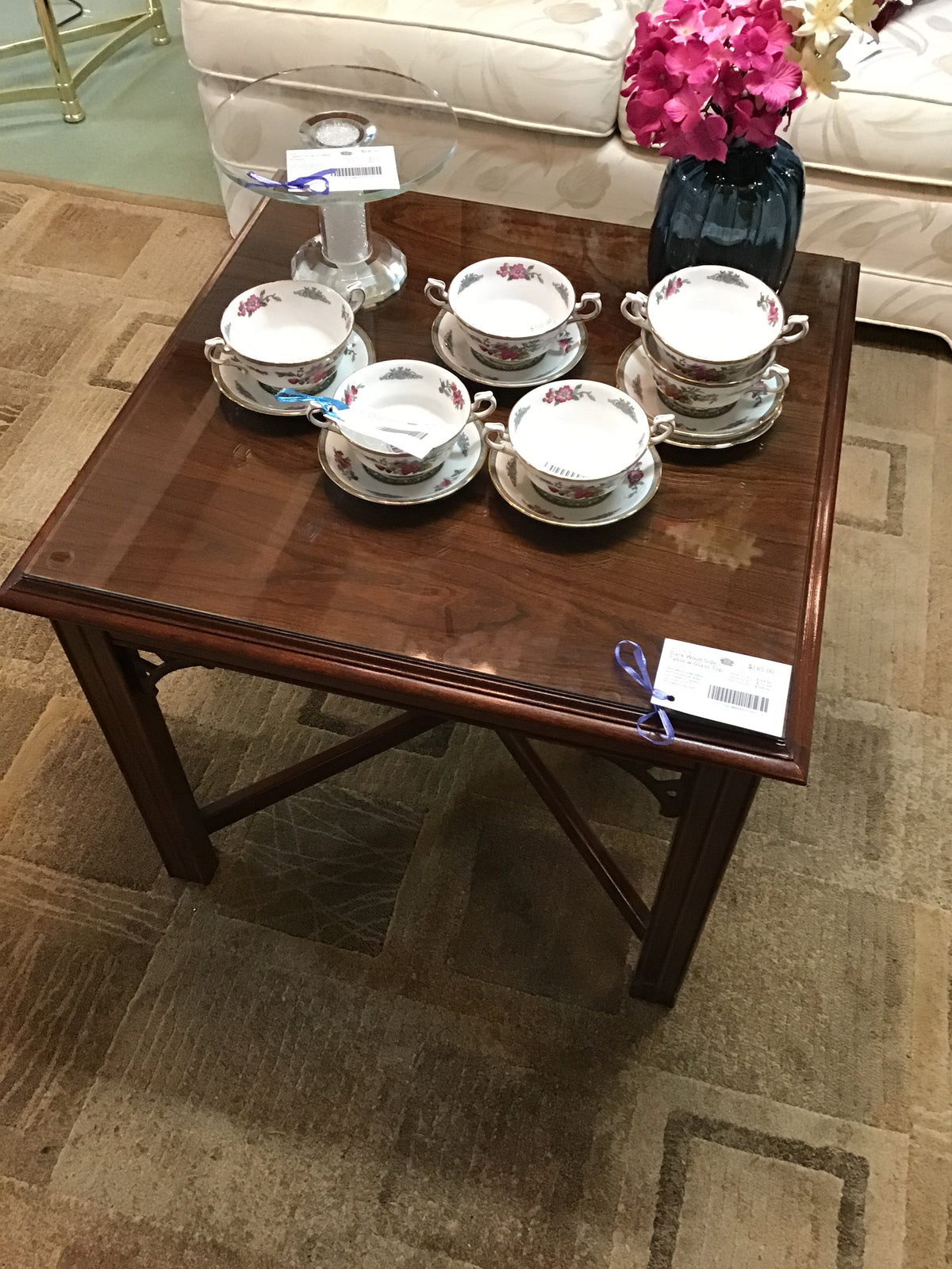 Dark Wood Side Table w Glass Top