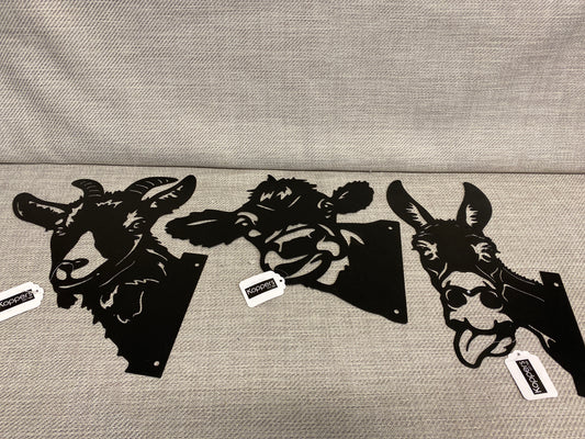 New! Set 3 Metal Fence Decor - Cow, Goat & Donkey