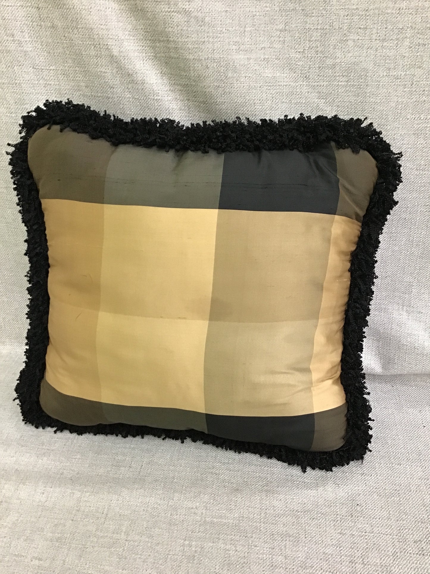 Brown & Black Plaid Throw Pillow w Fringe