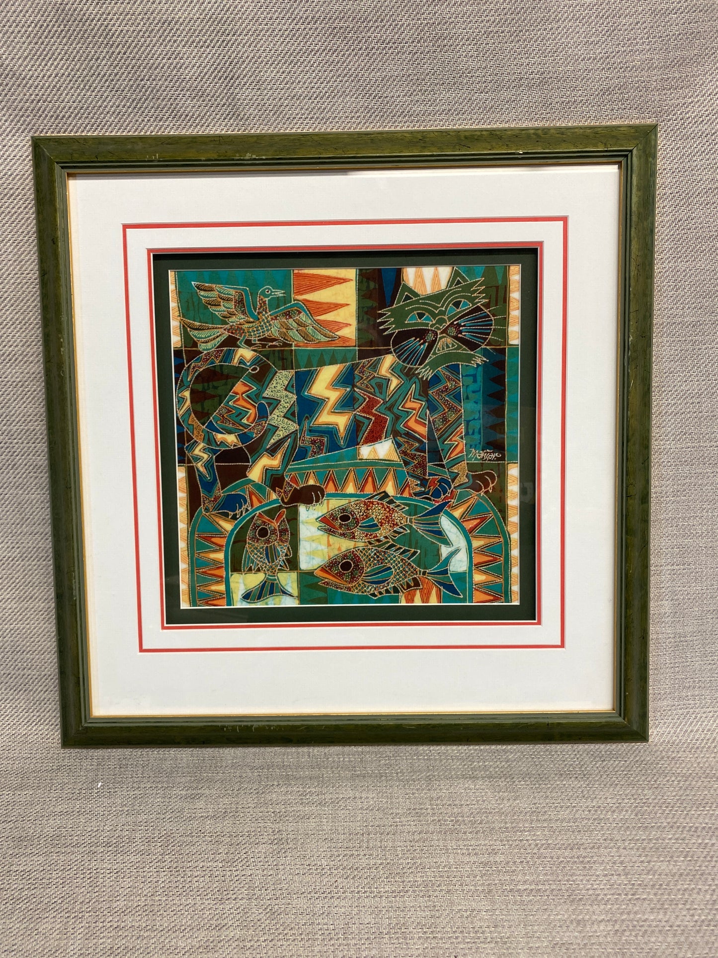 Framed Batik Cloth - Cat & Fish