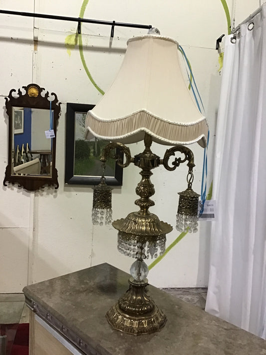 Vintage 6 Light Table Lamp - Brass & Crystal